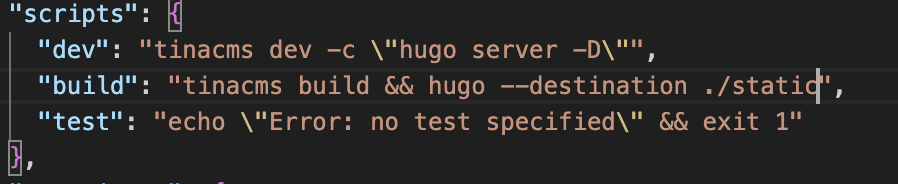 In the package json, add –destination ./static to the build command after hugo