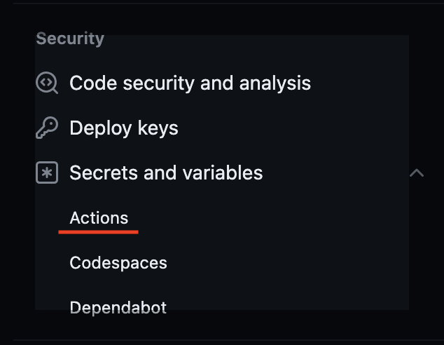 A screenshot of Github Settings menu with ‘Secrets and Variables’ sub-menu opened and the ‘Actions’ option highlighted.